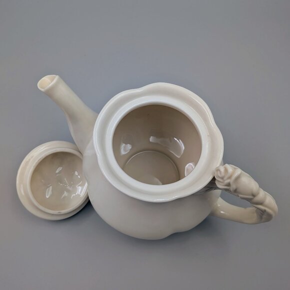 Vintage I. Godinger White Ceramic Teapot - Sculptured Rose Handle and Lid Finial - Picture 5 of 7